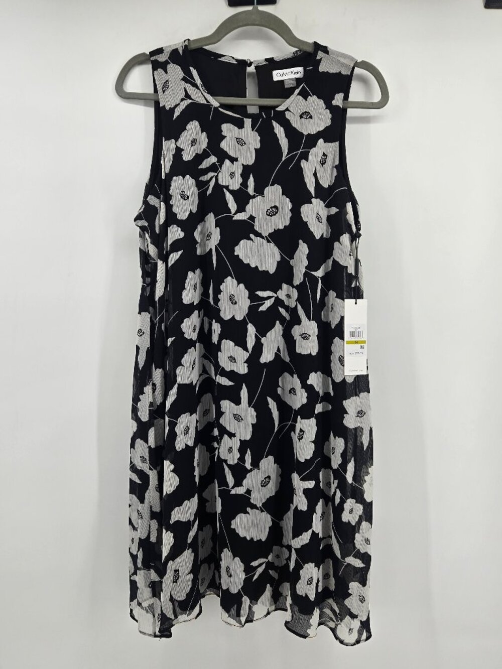NWT Calvin Klein Sleeveless Floral Chiffon Trapeze Dress - 14 White/Black